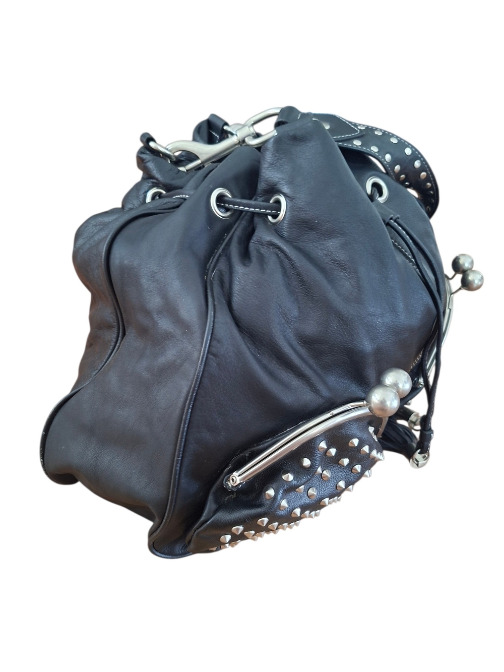 Vtg Betsey Johnson Black Leather Studded Kiss Lock Hobo Bucket Bag Y2K Rare - Picture 7 of 16